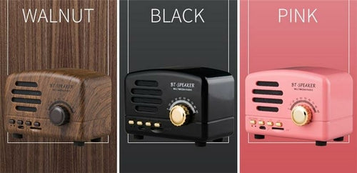 Three color options of a retro-style Bluetooth speaker: Walnut, Black, and Pink.