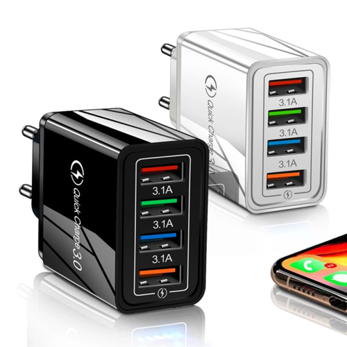 Black and white multi-port chargers with smartphone on a white background