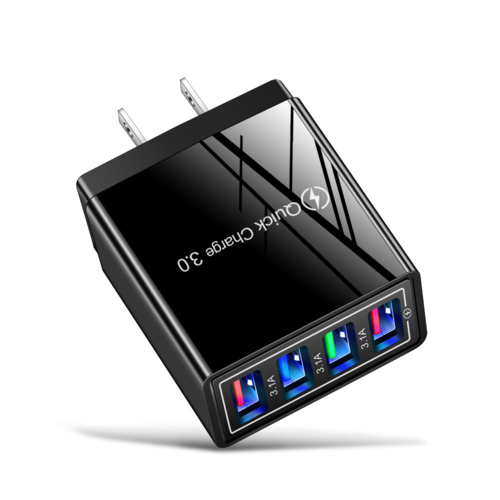Black four-port USB charger with LED indicators on a white background