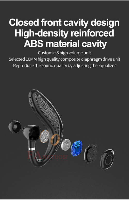 Technical diagram of an earbud with text on a black background