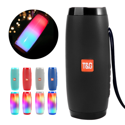 Black portable speaker with colorful LED lights and T&G logo on a white background