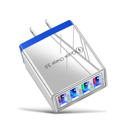4-port USB charger with LED indicators on a white background
