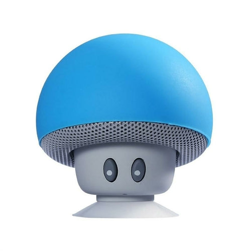 Blue and gray mushroom-shaped speaker on a white background