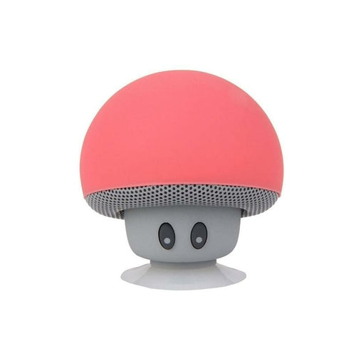 Mushroom-shaped speaker with pink top and gray base on a white background